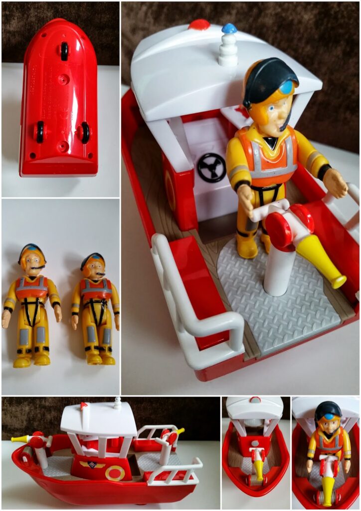 A collage of photos shows a red and white toy rescue boat with a yellow- and orange-clad rescue worker figure. Images display the boat from various angles, the underside, the interior controls, and two identical rescue worker figures standing side by side.