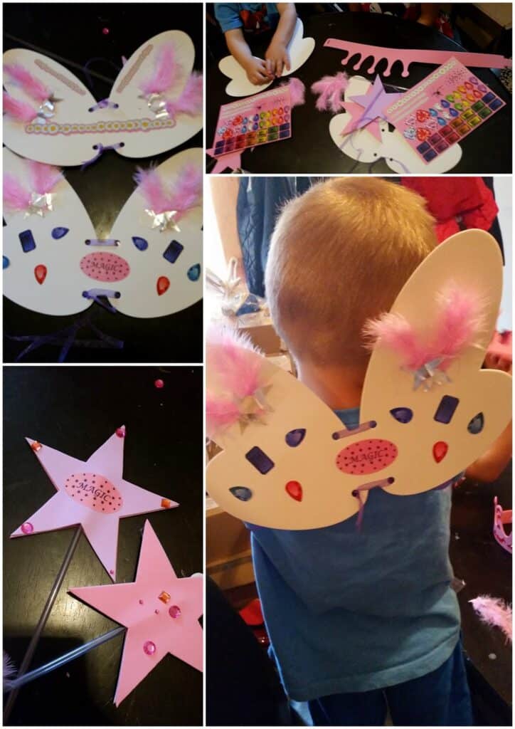 A collage shows homemade butterfly wings decorated with pink feathers, jewels, and stickers; a child wearing the wings; hands applying stickers; and star-shaped wands adorned with gems and glitter, all on a dark tabletop. The crafting materials are visible.