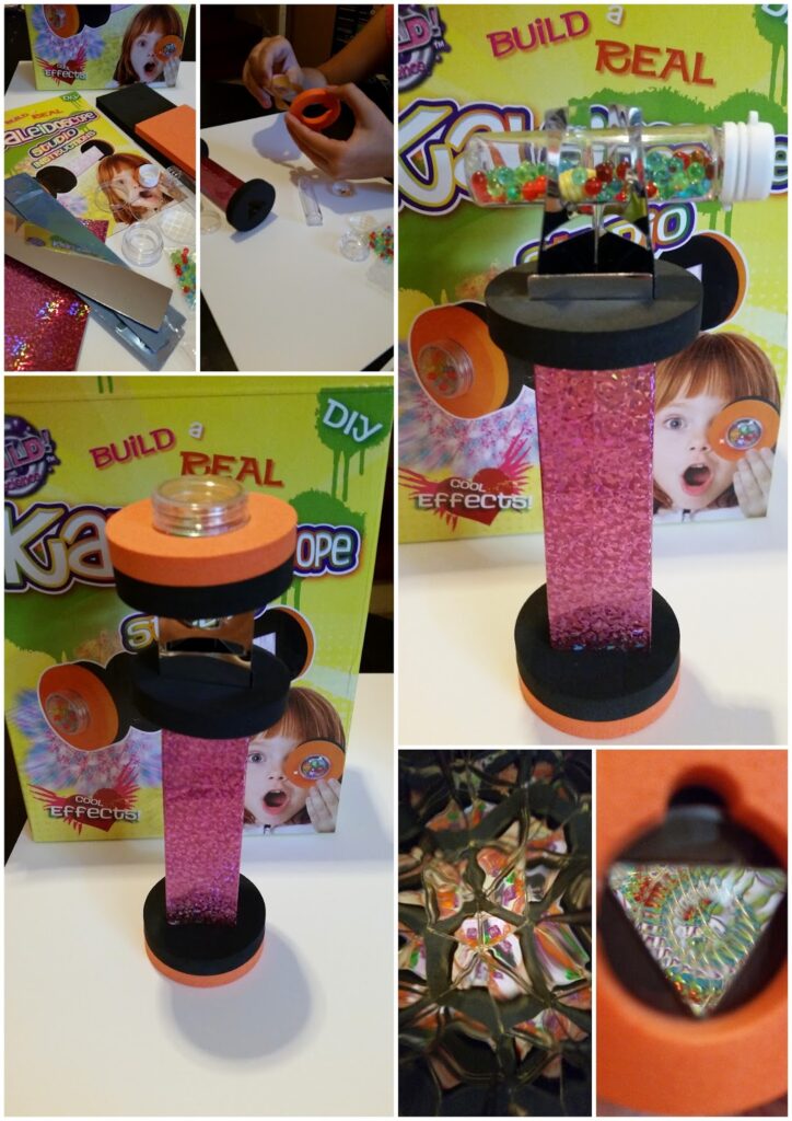 A collage shows a DIY kaleidoscope kit: hands assembling pieces, the kit box, close-ups of the colourful tube and sparkly pink base, and two views through the scope displaying vibrant, symmetrical kaleidoscopic patterns. The background features the kaleidoscope packaging.