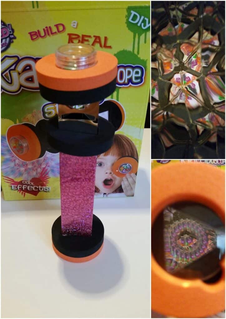 A colourful DIY kaleidoscope kit is shown. The main image displays the assembled toy with orange and black parts and a glittery pink tube. Smaller images show the kaleidoscope’s internal view, featuring colourful, symmetrical geometric patterns.