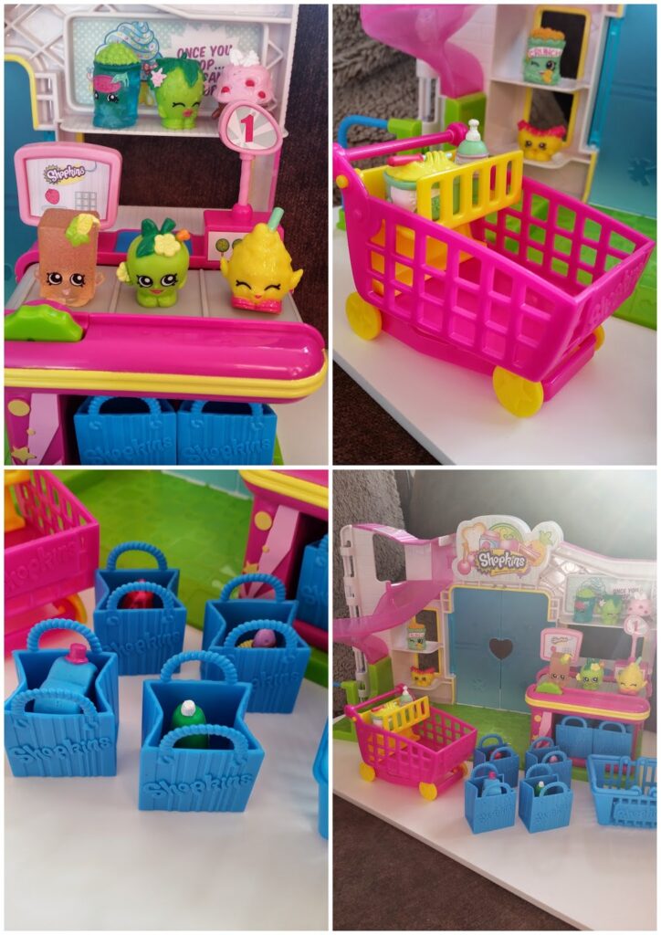 A collage of four images shows colourful Shopkins toys: characters on a pink checkout till, a pink shopping trolley with small baskets, blue shopping baskets filled with tiny toys, and a Shopkins supermarket playset with baskets in front.