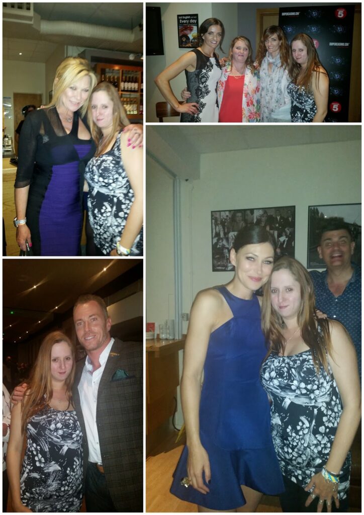 A collage of four photos shows a woman with long brown hair in a black and white patterned dress posing with various people at what appear to be social events. The backgrounds include posters, shelves, and a man photobombing in one image.