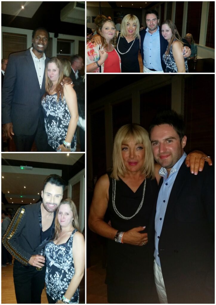 A collage of four photos shows a woman posing with various people at a formal indoor event. Guests wear suits and dresses, and some stand arm-in-arm, smiling at the camera under warm lighting.