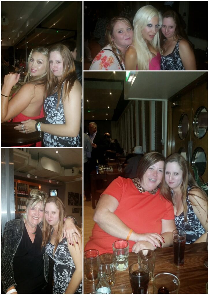 A collage of four photos showing a woman with light brown hair in a black and white dress posing with different women—one in red, one in orange, one in black sparkles, and one blonde. They’re in a lively restaurant or bar with drinks on the tables.