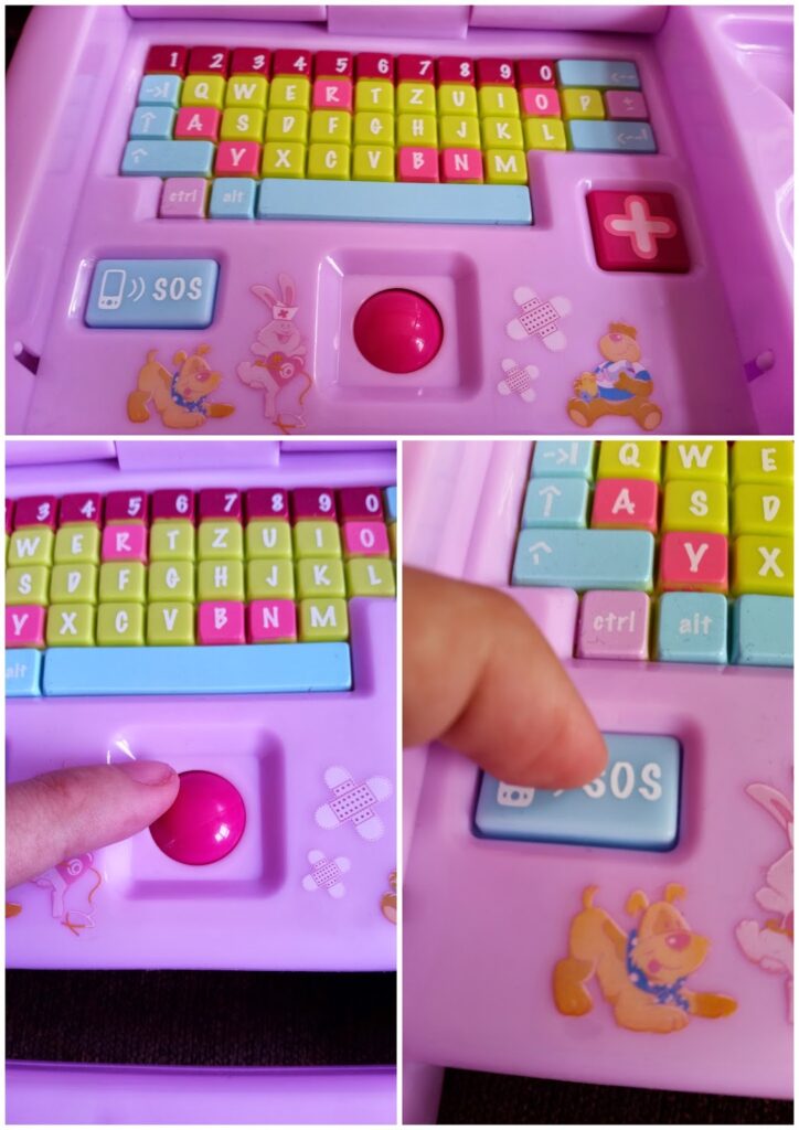 A close-up collage of a pink toy laptop with colourful buttons. The keyboard features pastel keys, a large red circular button, an “SOS” key, a pink plus sign, and cartoon animal stickers. A hand presses the red button and the “SOS” key in separate images.