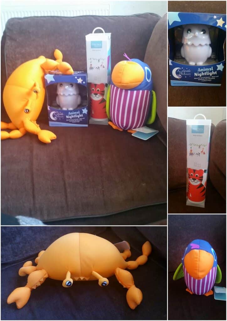 A collage showing a crab soft toy, a bird soft toy with stripes, an owl-shaped animal nightlight in a box, and a boxed red animal nightlight, all displayed on a brown sofa from various angles.
