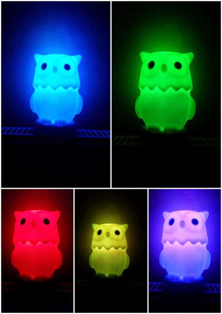 A collage of five photos shows a cute owl-shaped night lamp glowing in different colours: blue, green, red, yellow, and purple. Each image centres the owl against a dark background, highlighting its illuminated body.