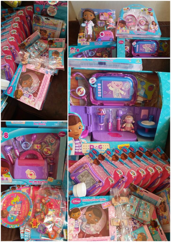 A collage of Doc McStuffins-themed toys and accessories, including playsets, doctor kits, plasters, figures, a celebration cake set, and various small packaged items, all in colourful packaging featuring the character Doc McStuffins.