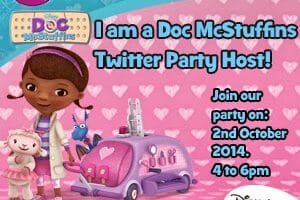 Doc McStuffins stands smiling with Lambie, beside a pink medical trolley with doctor tools. Text announces: "I am a Doc McStuffins Twitter Party Host! Join our party on: 2nd October 2014. 4 to 6pm." Disney and Disney Junior logos appear at the corners.