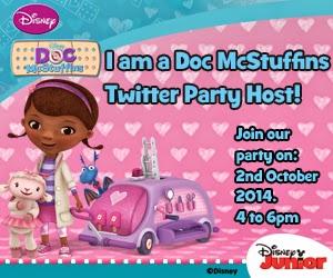 Doc McStuffins stands smiling with Lambie, beside a pink medical trolley with doctor tools. Text announces: "I am a Doc McStuffins Twitter Party Host! Join our party on: 2nd October 2014. 4 to 6pm." Disney and Disney Junior logos appear at the corners.