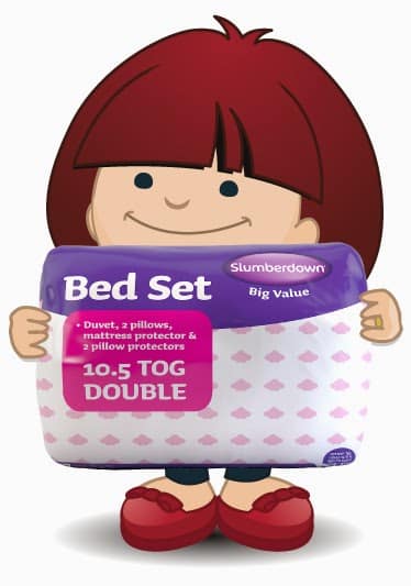 A cartoon girl with red hair, a red dress, and red shoes smiles whilst holding a large parcel labelled "Bed Set" with details: "Duvet, 2 pillows, mattress protector & 2 pillow protectors, 10.5 TOG DOUBLE, Slumberdown, Big Value.