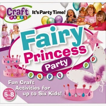 Colourful party kit box showing three girls in dresses and tiaras. The text reads “Fairy Princess Party.” There are images of pink crowns, a wand, and wings. The package says “Fun Craft Activities for up to Six Children! For Ages 5–8 Years.” Balloons and decorations are visible.