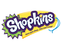The image shows the Shopkins logo with "Shopkins" in playful, white bubble letters outlined in purple and blue. Behind the text is a green burst shape and a yellow banner with the slogan: "Once you shop... You can't stop!" in purple.