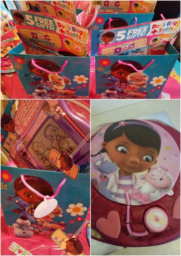Collage of “Doc McStuffins” themed party items: colourful gift bags with Doc McStuffins prints, plaster and flower decorations, art tools, and a birthday cake featuring Doc McStuffins in a pink hood with her stuffed lamb and hippopotamus.
