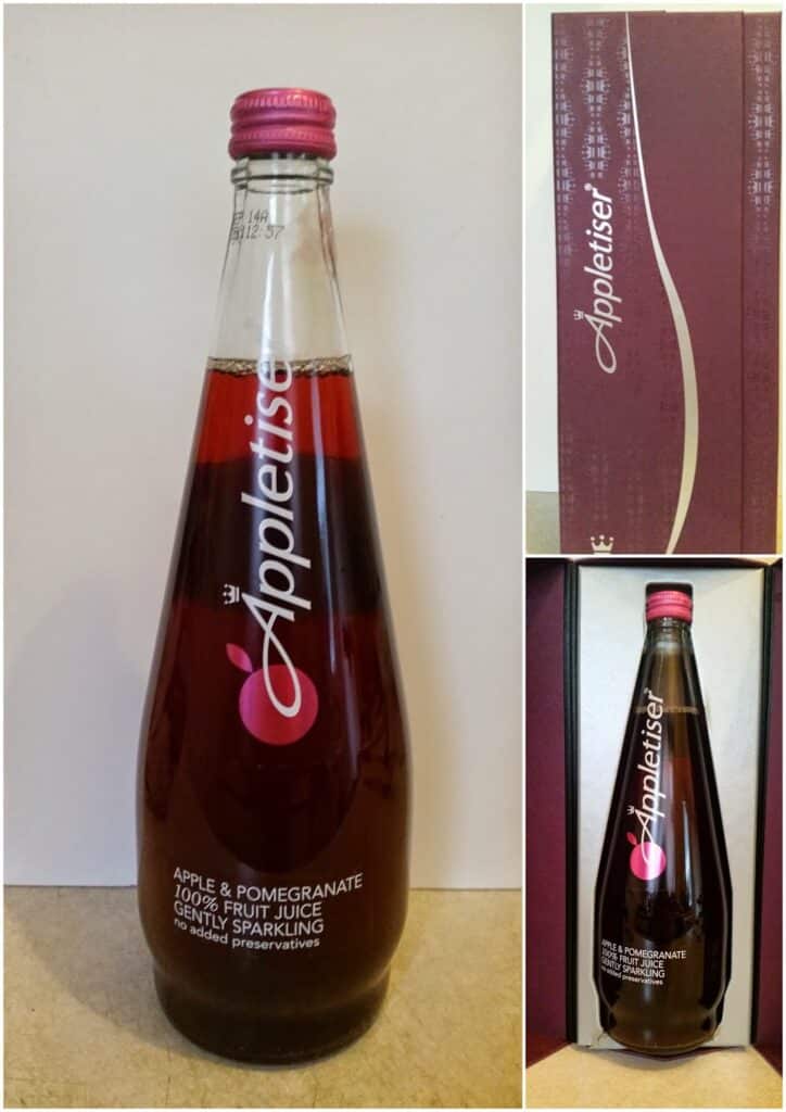 A glass bottle of Appletiser Apple & Pomegranate gently sparkling juice stands upright. The bottle is in a maroon box, which has the Appletiser logo on the inside lid. Another photo shows the box closed, displaying the same logo vertically.