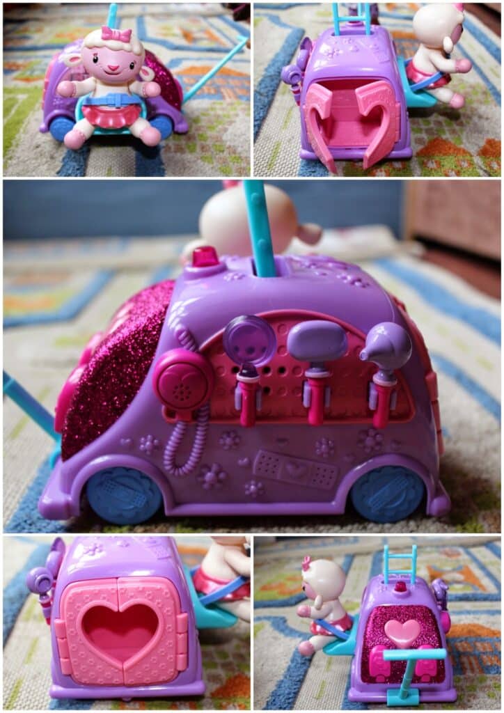 A collage of five photos shows a purple toy van with glitter, heart-shaped details, and medical tools on its side. A small white sheep doll in a pink and blue outfit is attached, sitting or riding the van on a colourful patterned rug.
