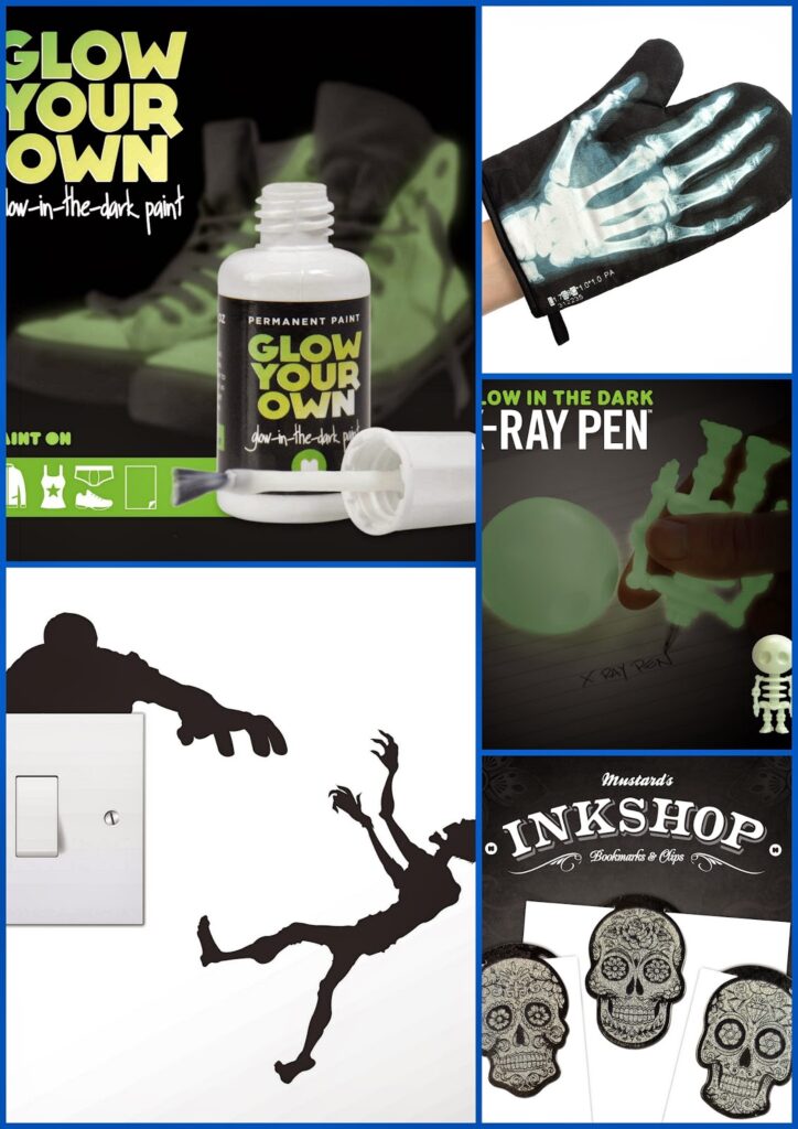 A collage of glow-in-the-dark items: paint on trainers, a bottle labelled "Glow Your Own," an oven glove with an X-ray hand design, a pen writing on a glow ball, a shadowy wall sticker by a light switch, and skeleton-themed drink stirrers.