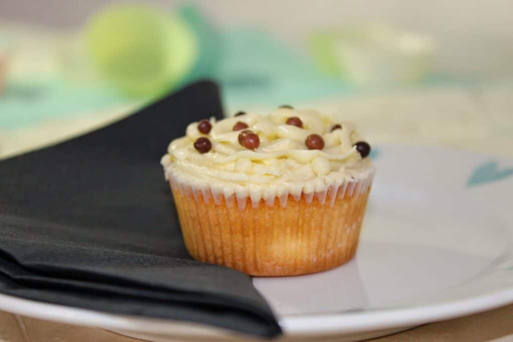 A vanilla cupcake topped with white icing and small chocolate balls sits on a white plate with a folded black serviette. The background is softly blurred in pastel tones, giving a light and airy feel.