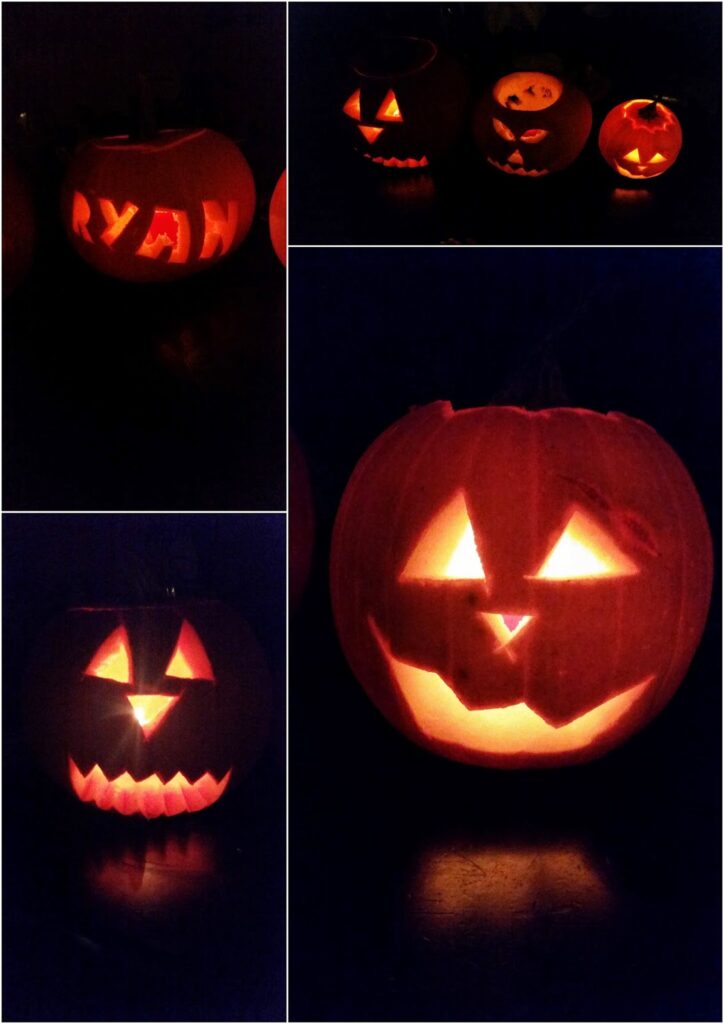 Collage of lit jack-o’-lanterns in the dark: One has “RYAN” carved in it, another features triangle eyes and a toothy mouth, a third shows a surprised face, and a fourth has a wide jagged grin, all glowing with candlelight.