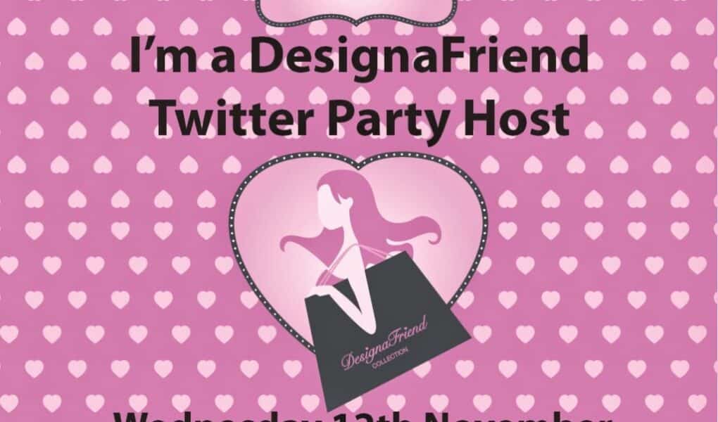 Pink background with white hearts. Centre: illustration of a girl with long hair inside a heart shape, holding a bag labelled "DesignaFriend Collection." Text says: "I'm a DesignaFriend Twitter Party Host. Wednesday 12th November 4pm-6pm.