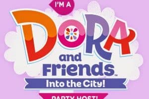 Logo with colourful text: "I’m a Dora and Friends Into the City! Party Host!" on a light purple background. The word "Dora" is large and stylised with multicoloured letters and a flower in the "O". White cloud shapes sit behind the text.