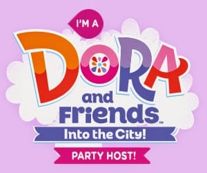 Logo with colourful text: "I’m a Dora and Friends Into the City! Party Host!" on a light purple background. The word "Dora" is large and stylised with multicoloured letters and a flower in the "O". White cloud shapes sit behind the text.