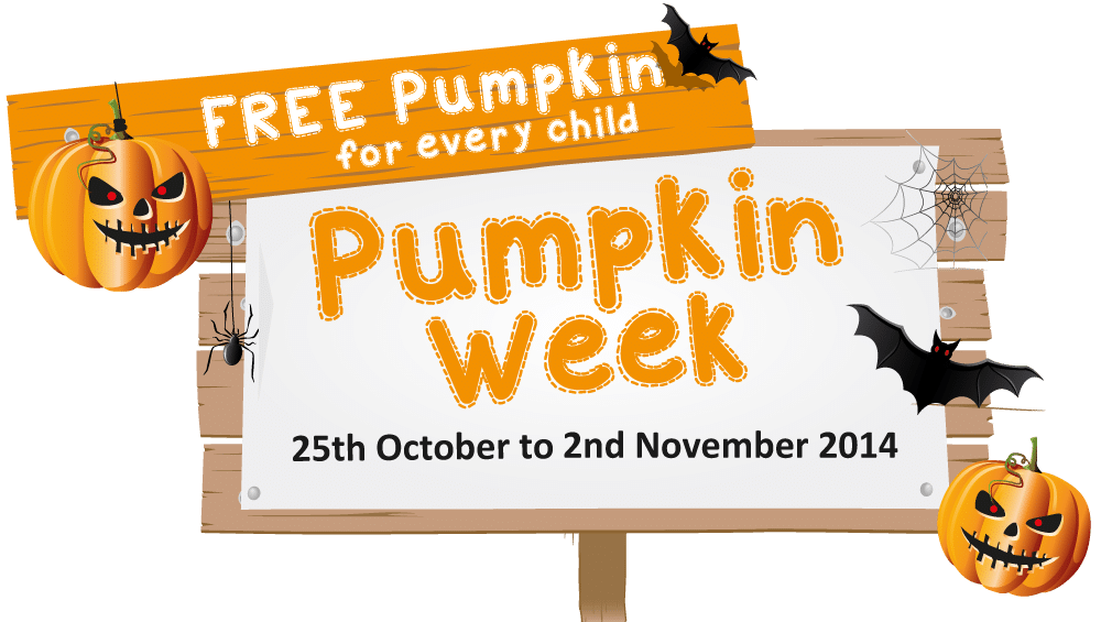 A sign with pumpkins, bats, spiders, and webs advertises "Pumpkin Week" from 25th October to 2nd November 2014, with a banner stating "FREE Pumpkin for every child" in bright orange and white text.