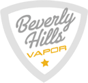 A shield-shaped grey and white logo with “Beverly Hills” in grey cursive at the top and “VAPOR” in gold uppercase letters below. A small gold star appears at the bottom centre.
