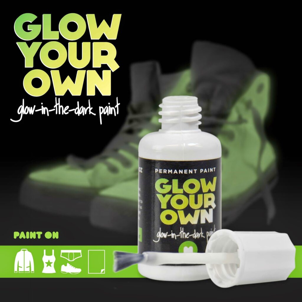 An open bottle of glow-in-the-dark paint labelled "Glow Your Own" is in the foreground, with a brush resting beside it. Behind, a pair of glowing green trainers is visible. Icons below suggest the paint can be used on clothes, shoes, bags, and more.