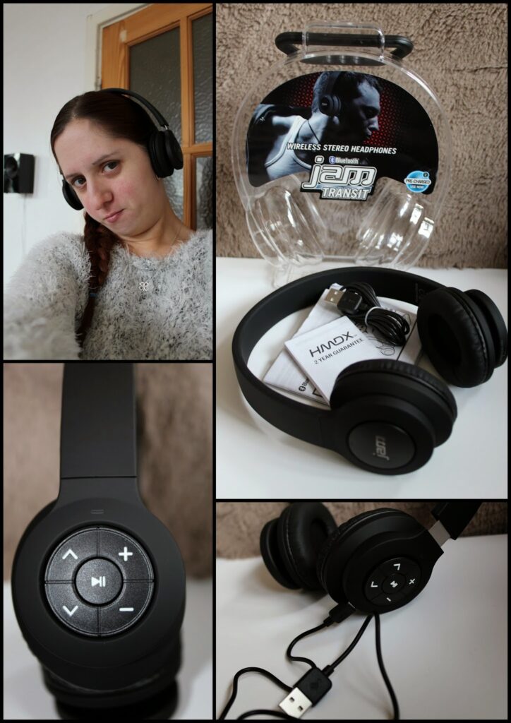 A collage shows a woman wearing black wireless headphones, the headphones’ packaging, close-ups of the headphones with control buttons, a charging cable, and instruction manual on a white surface. The packaging reads “Wireless Stereo Headphones, 1OD Transit”.