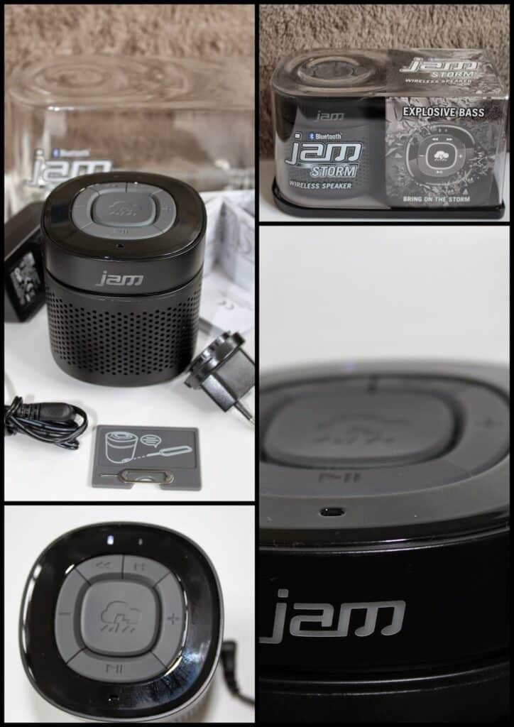 A collage showing a black JAM Bluetooth wireless speaker, close-ups of its buttons, logo, and packaging. Accessories such as a charging cable and instructions are visible. The packaging highlights "Explosive Bass" and the model name "Jam Storm.