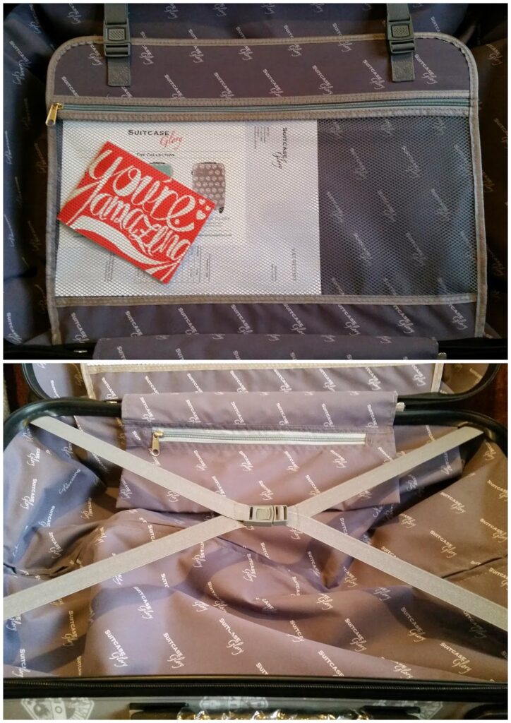 Open suitcase shown in two views: the top image displays the inside lid with a mesh zipped pocket containing a folded paper that says "you're amazing"; the lower image shows the main compartment with light grey criss-cross straps and a smooth lining.