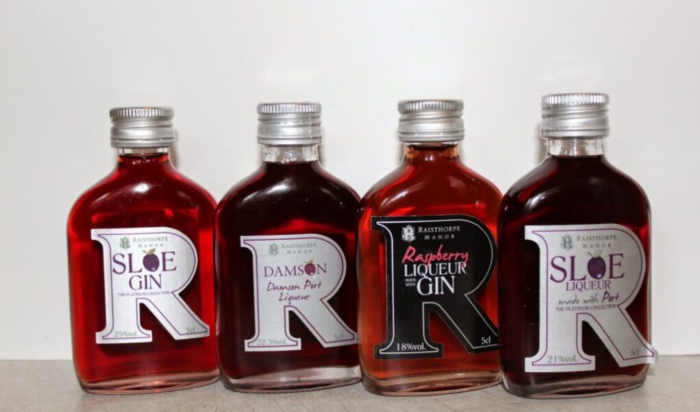 Four small glass bottles of flavoured gin and liqueur, each with silver caps, are lined up against a plain background. The labels read: Sloe Gin, Damson with Port Liqueur, Raspberry Liqueur Gin, and Sloe Gin made with Port.