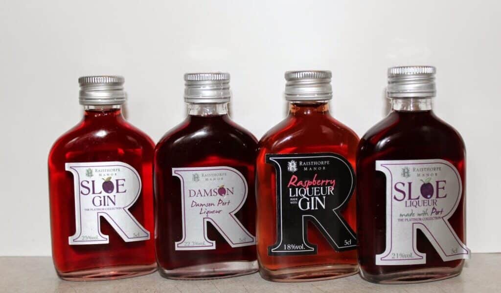 Four small glass bottles of flavoured gin and liqueur, each with silver caps, are lined up against a plain background. The labels read: Sloe Gin, Damson with Port Liqueur, Raspberry Liqueur Gin, and Sloe Gin made with Port.