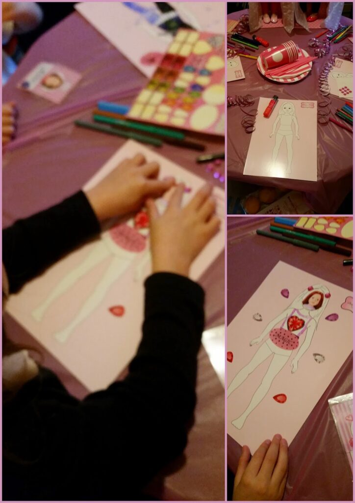 Collage of three photos showing a child decorating a paper doll with stickers, felt-tip pens, and paper cut-outs on a table covered in pink. Art supplies and pink party plates are visible. The scene suggests a fun arts and crafts activity, likely at a party.