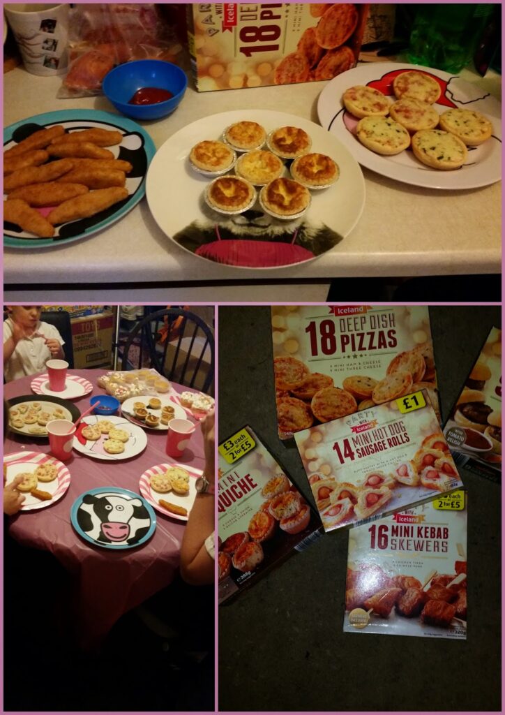 A collage shows: Top—plates of party food including breaded sticks, mini quiches, and mini pizzas on a counter. Bottom left—children seated at a pink table with plates of snacks. Bottom right—packs of Iceland branded party foods on a surface.