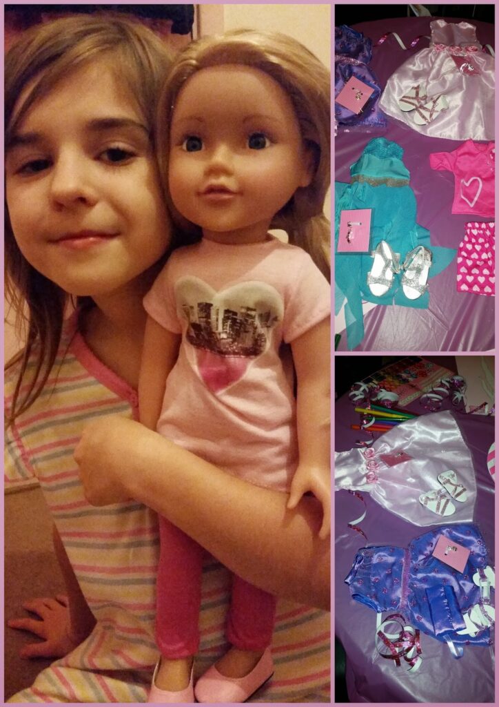 A young girl in pink-striped pyjamas smiles and hugs a large doll wearing a pink "LOVE" shirt. Next to them are images of a table covered with doll clothes, shoes, accessories, and small notebooks arranged in neat piles.