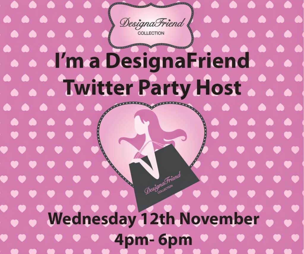 A pink background with white hearts features text: “I’m a DesignaFriend Twitter Party Host.” Below, a cartoon girl with pink hair holds a black shopping bag with “DesignaFriend” on it. Event details: “Wednesday 12th November 4pm - 6pm.”.