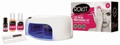 A Rokit Gel Polish Professional Kit is shown, including a white UV lamp with a blue-tinted window, bottles labelled "Remove," "Ready," and a small bottle, nail file, wooden stick, and a box featuring a woman with pink nails covering one eye.