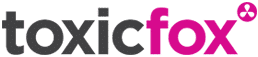 The image shows the word "toxicfox" in lowercase letters; "toxic" is in bold black, and "fox" is in bold pink. A small pink circle with a white radiation symbol is above the final "x" on the right.