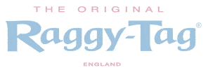 The image features the logo for "The Original Raggy-Tag." The words "THE ORIGINAL" appear in pink above, "Raggy-Tag" is written in large, light blue, playful font in the centre, and "ENGLAND" in small pink text below. The background is white.
