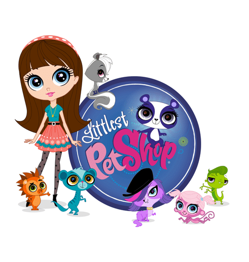 Cartoon girl with brown hair and big eyes stands by a blue Littlest Pet Shop logo, surrounded by six colourful, stylised animals: a grey skunk, purple panda, orange porcupine, blue monkey, purple dog, pink cat, and green gecko, all with large eyes.