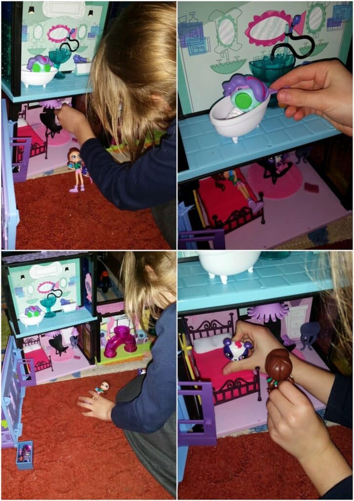 A young child with blonde hair plays with a colourful dolls' house. The collage shows four scenes: arranging dolls inside, placing a pet in a toy bath, sitting on the carpet with dolls, and holding two dolls in different dolls' house rooms.