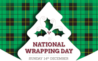 A green tartan check background with a white tree-shaped cut-out featuring holly and berries. Below, text reads: “NATIONAL WRAPPING DAY” in red, with “SUNDAY 14TH DECEMBER” in grey beneath.