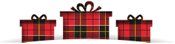 Three red, tartan-patterned gift boxes with yellow, black, and white stripes are side by side. The largest box is in the centre with a black and gold bow, and two smaller boxes with matching bows are on each side.