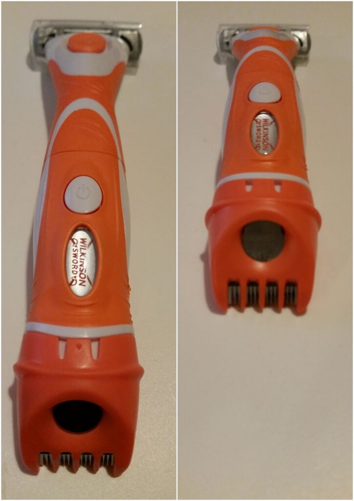 Two views of an orange and silver electric razor with a power button and a label reading “Mangroomer.” The left view shows the front with a circular opening and trimming blades; the right view shows the end with teeth-like trimming guards.