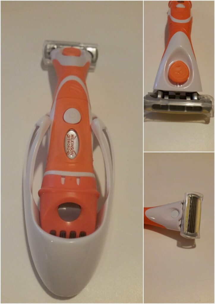 A three-panel image shows an orange and white Schick Intuition razor from different angles: straight on with its holder, close-up of the razor head with blades, and a side view highlighting the blade and moisturising bar.