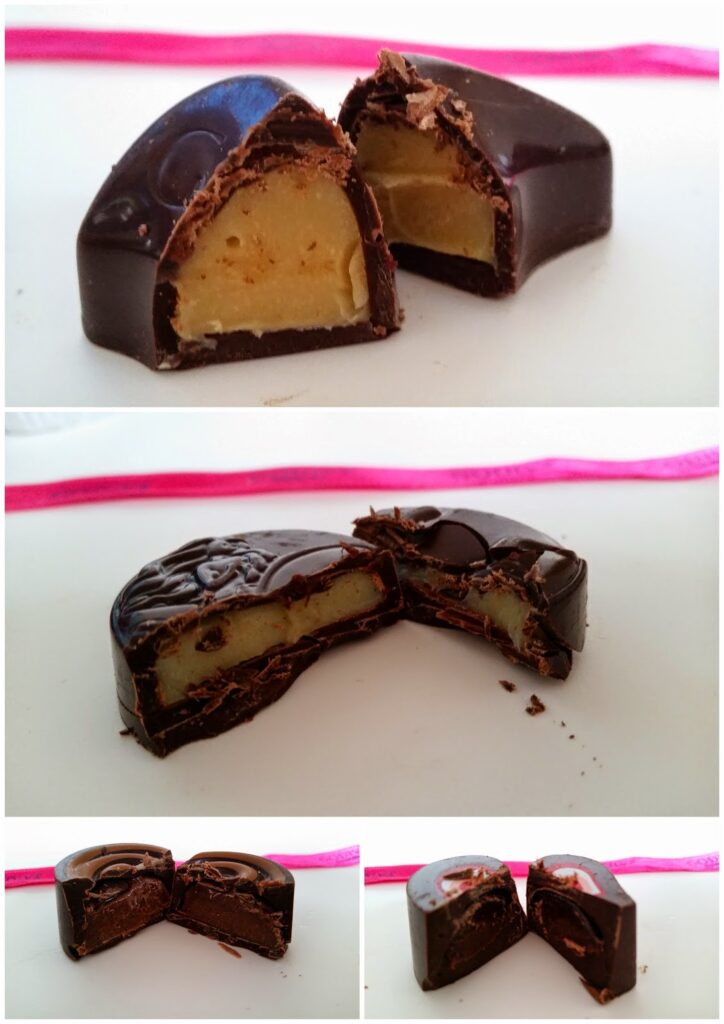 Four images show dark chocolate sweets with a creamy, light brown peanut butter filling. The chocolates are halved, revealing the smooth filling inside. All photos are set against a white background with a pink ribbon in the background.