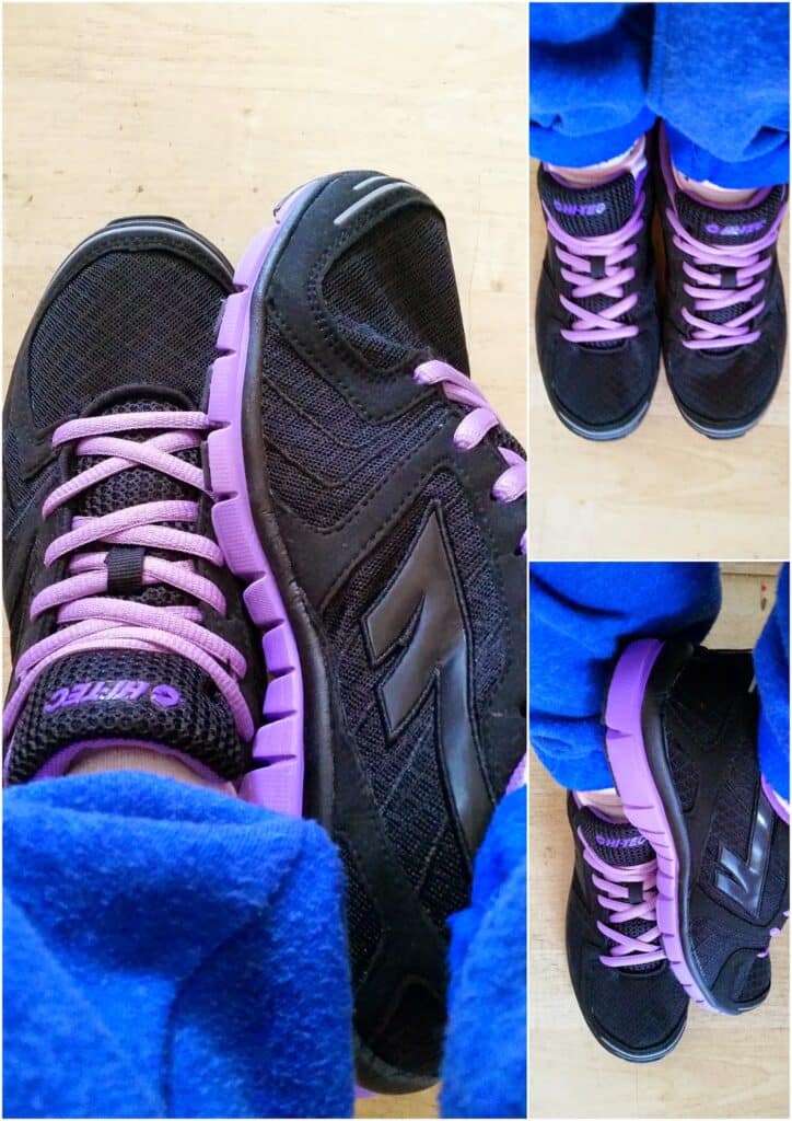 Collage of three photos showing black trainers with light purple soles and laces. The shoes are worn with bright blue trousers. One photo shows the side view, another displays the shoes from above, and the third captures the side and sole.