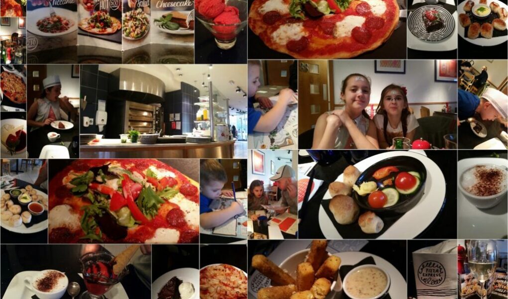 A collage showing Italian dishes like pizza, pasta, desserts, and appetisers, menus, chefs cooking, and people dining, including children. Bright, colourful food is featured throughout, with joyful diners, a busy kitchen, and various plated Italian meals and treats.